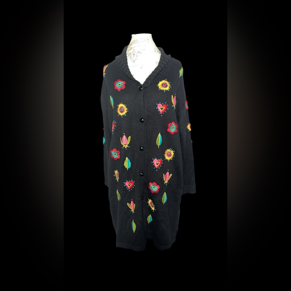 Vintage Bob Mackie Black Cardigan with Colorful Floral Embroidery - Picture 1 of 3